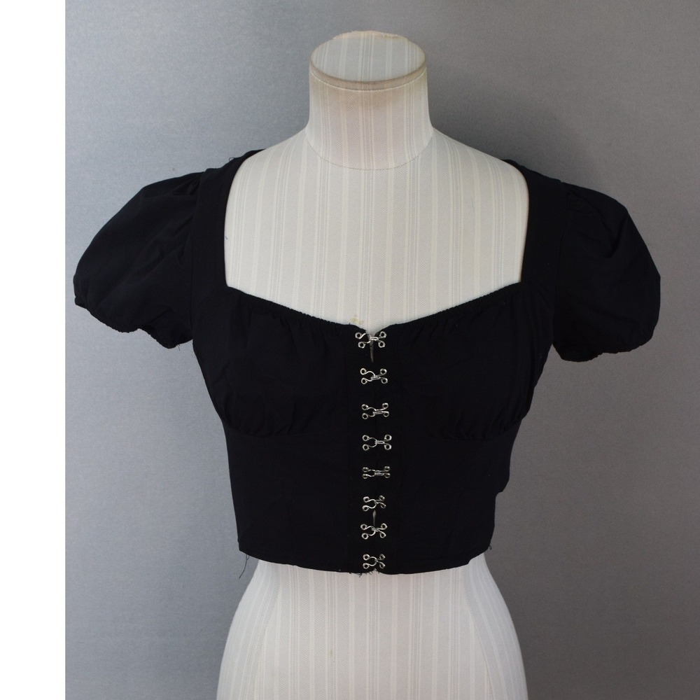 Crop Corset Top Large Black Puff Sleeve Sweetheart Stretch Gothic Whimsy Y2K